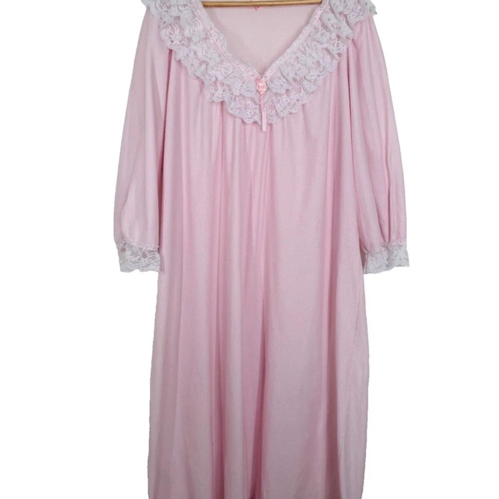 Vintage 80s Pastel Petal Pink Lace Ruffle Frilly Midi Nightgown XL Feminine